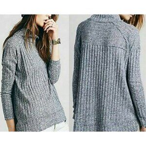 FREE PEOPLE Clarissa Ribbed Mock Neck Tunic Top Navy Blue White XS Boho